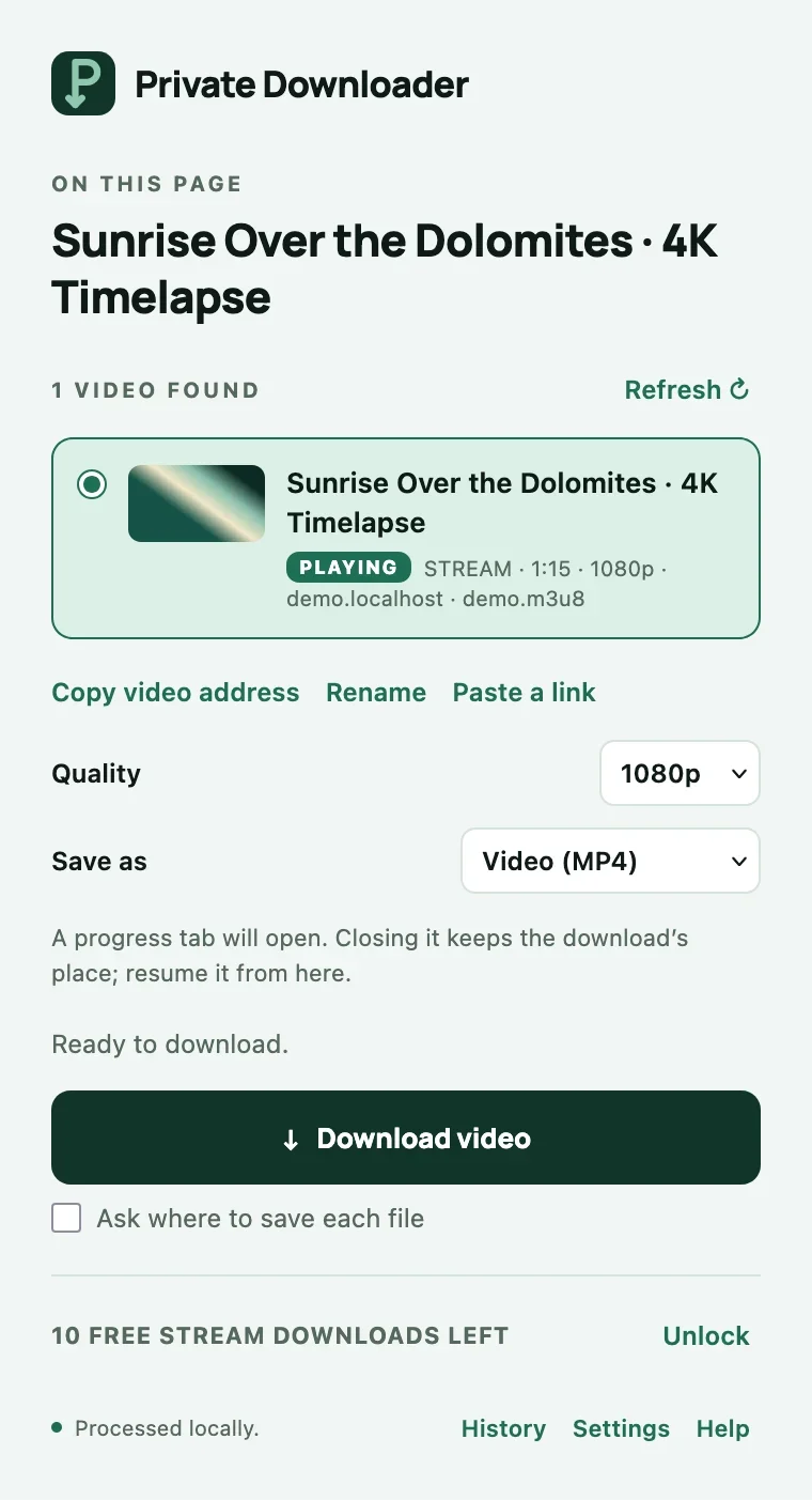 The Private Downloader popup on a page with a stream: the playing video, its quality, and a Download video button.